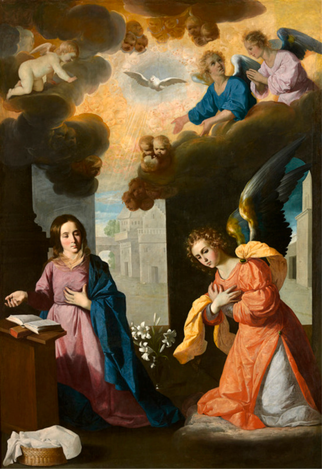 La Anunciación de Francisco de Zurbarán: el ángel Gabriel saluda a la Virgen María mientras el Espíritu Santo desciende